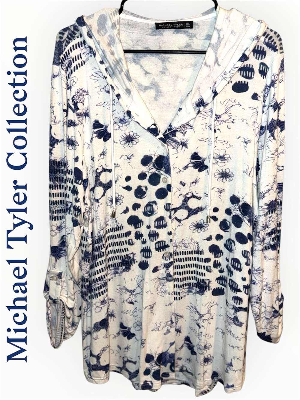 🌺Michael Tyler Collection Navy & White Printed Button Down Hooded Cardigan
